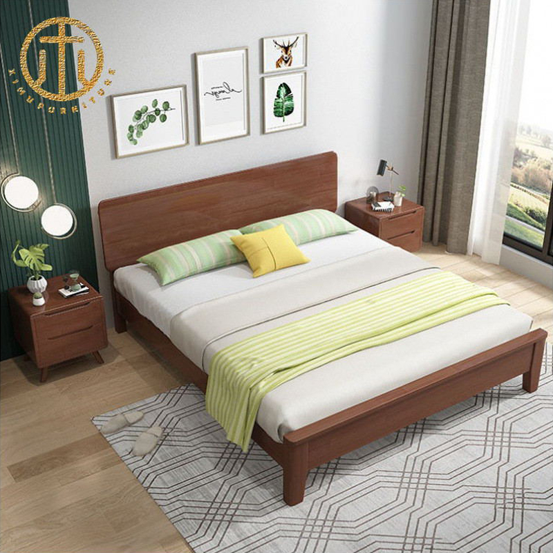 Cama doble de madera maciza de color café claro moderno estilo chino nuevo